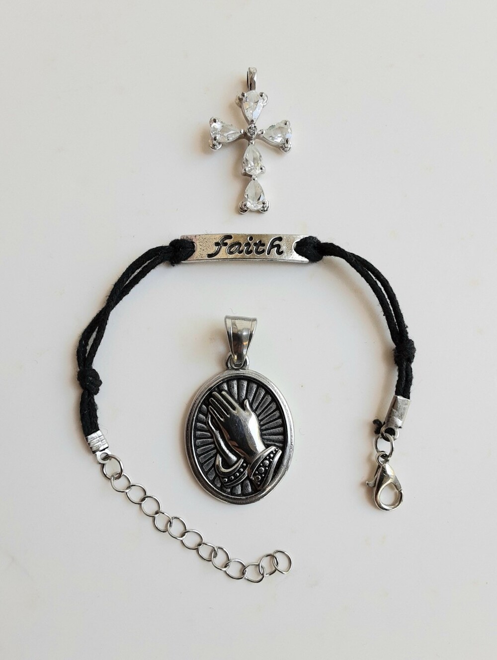 CZ Cross, Faith Bracelet and Praying Hands Pendant Set - Black and Silver